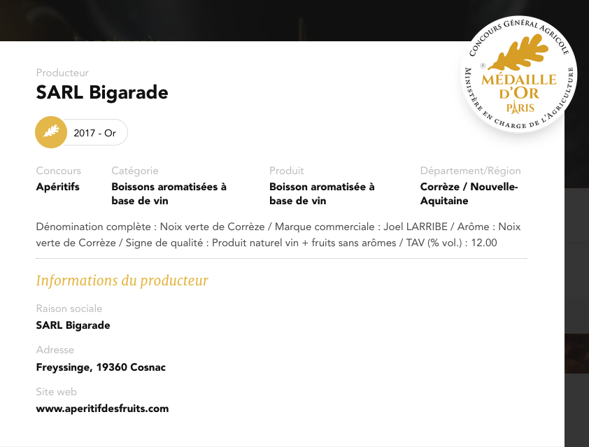 Médaille d'or 2017 pour l'apéritif à la noix verte